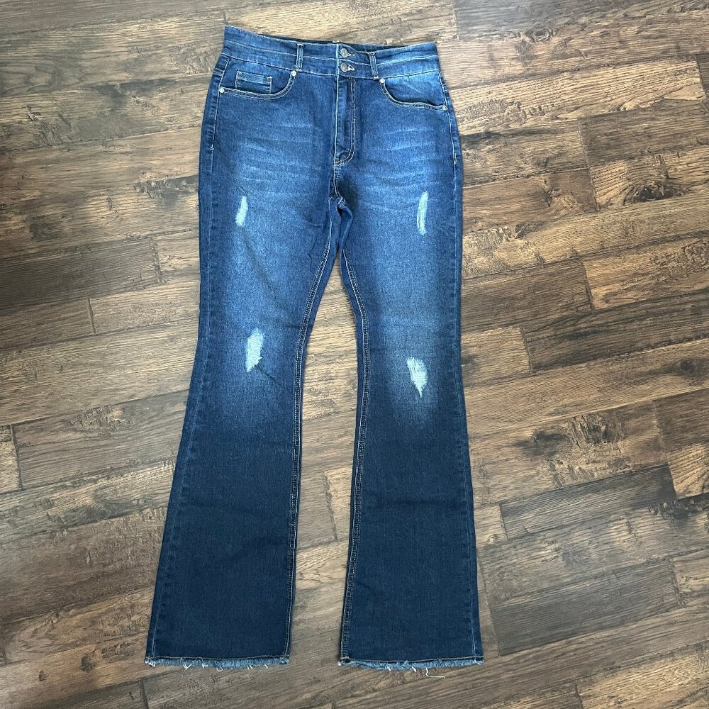 Women's Midiross XL Raw Hem Boot Cut Stretch Jeans Distressed Ripped High Waist